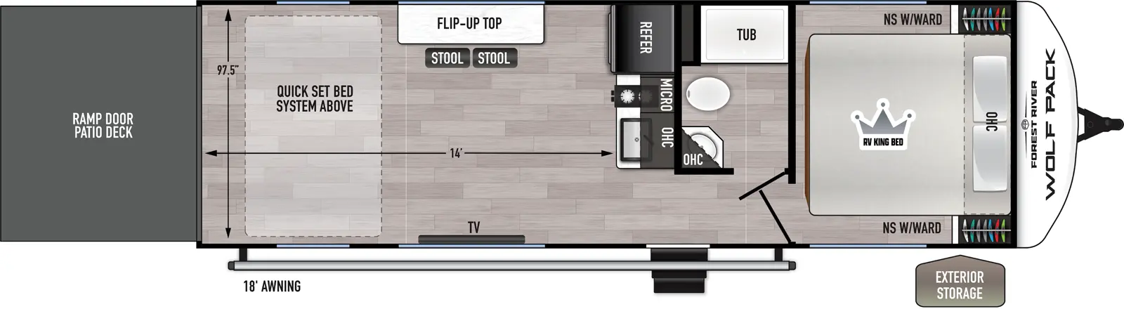 The Wolf Pack 25-14 floorplan is a toy hauler that has two entries and zero slide outs. Exterior features include: fiberglass exterior and 18' awning. Interiors features include: front bedroom.